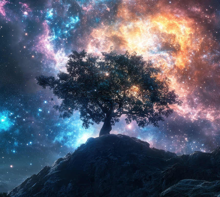 Cosmic tree standing on a hill under a vibrant galaxy sky at night